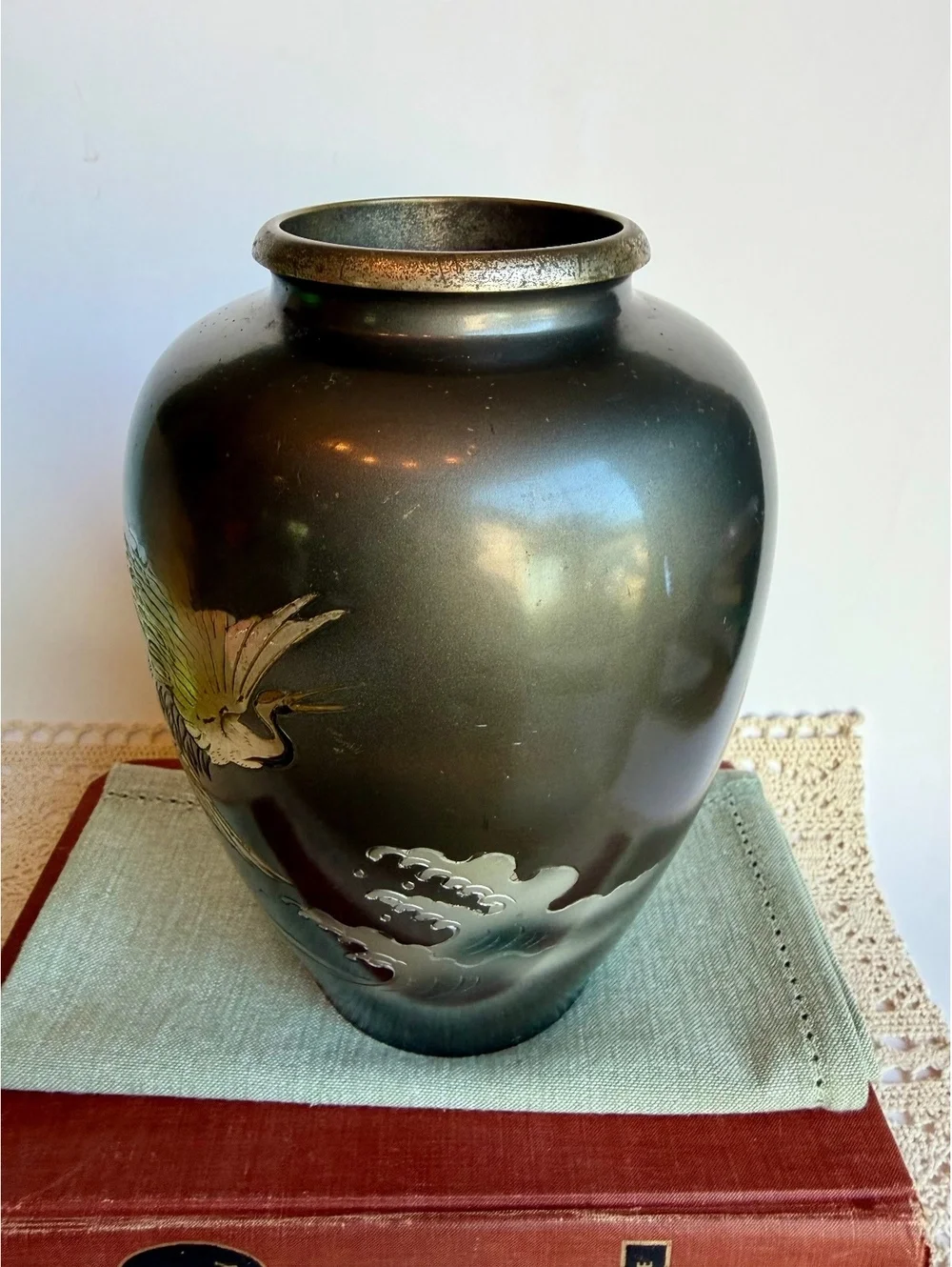 Vintage Japanese Metal Vase Cranes Herons Etched Waves Made in Japan 8.5